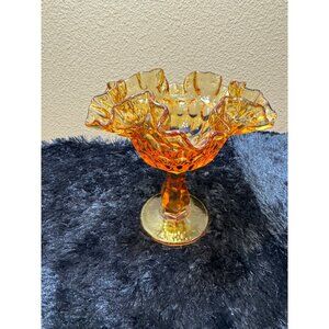 Vintage Amberina Ruffled Glass Compote Bowl Pedestal Candy Dish Decorative Home
